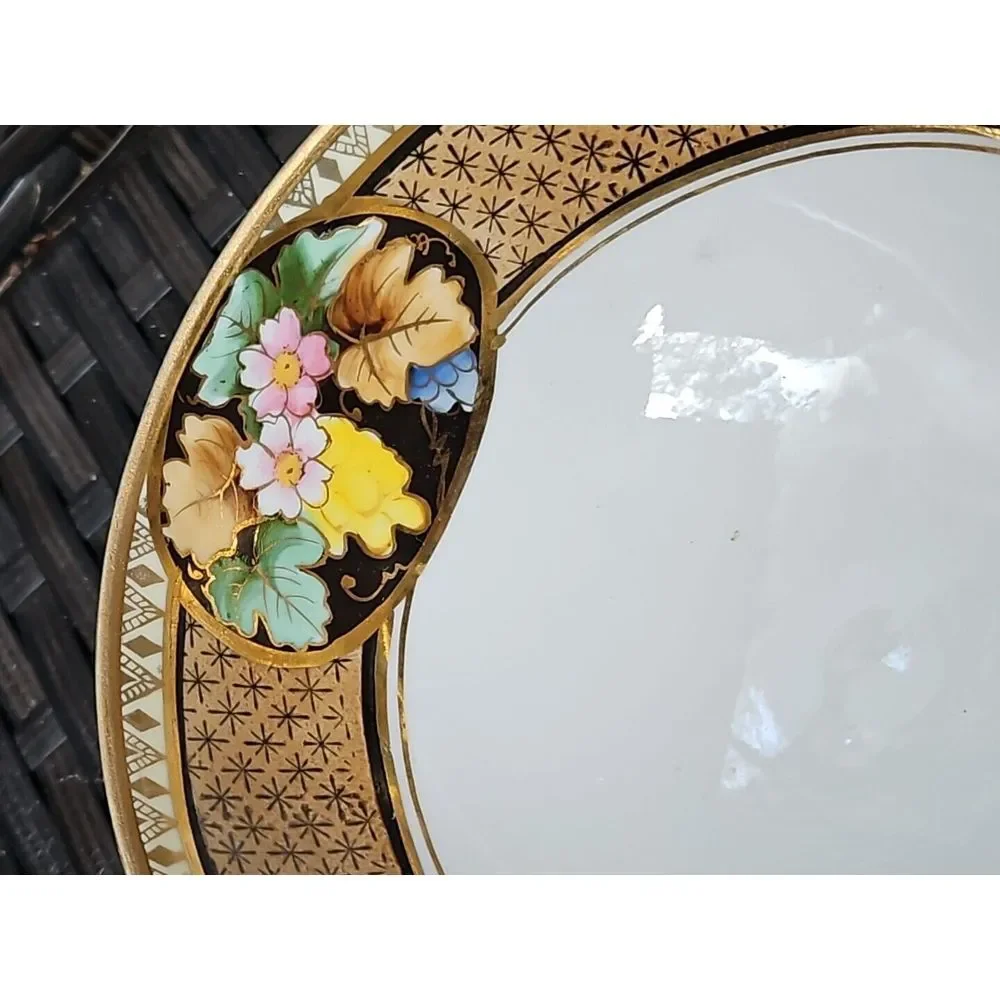 Hand Painted Nippon BLACK‎ GOLD Floral Footed ART DECO Berry Bowl Morimura